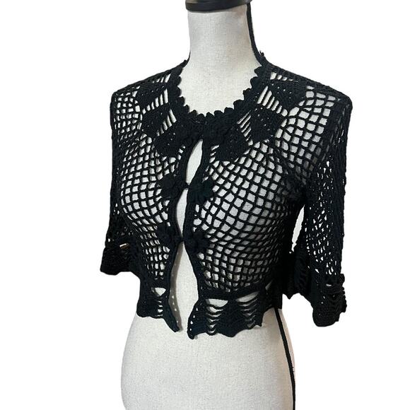 VTG Y2K Nanette Lepore Black Open Crochet Whimsygoth Cropped Cardigan XS/S - Picture 2 of 5